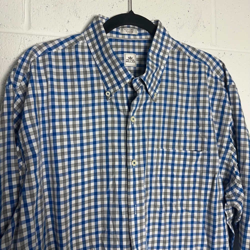 Peter Millar Mens XL Blue Grey Plaid Cotton Long Sleeve Button Down Shirt